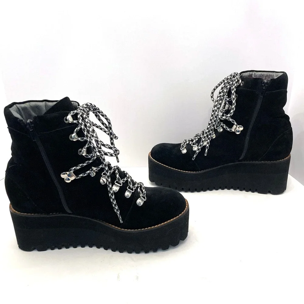 Jeffrey Campbell Platform Hiking Boots Black Suede Leather Womens 11 Lace Up